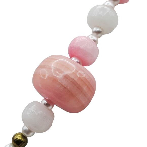 Pink & White Banded Quartz Necklace Chunky Crystal Stone Beaded Choker 20" Vtg - Picture 6 of 6